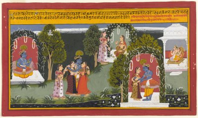 Kama e Rati assistono alla riunione di Krishna e Radha, pagina da una serie Gita Govinda, 1714 da Indian School